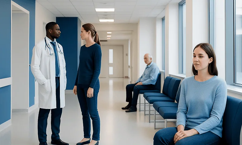 Medical consultation in hospital corridor with patients and doctor.