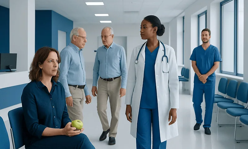 Medical team discussing patient care in hospital corridor.