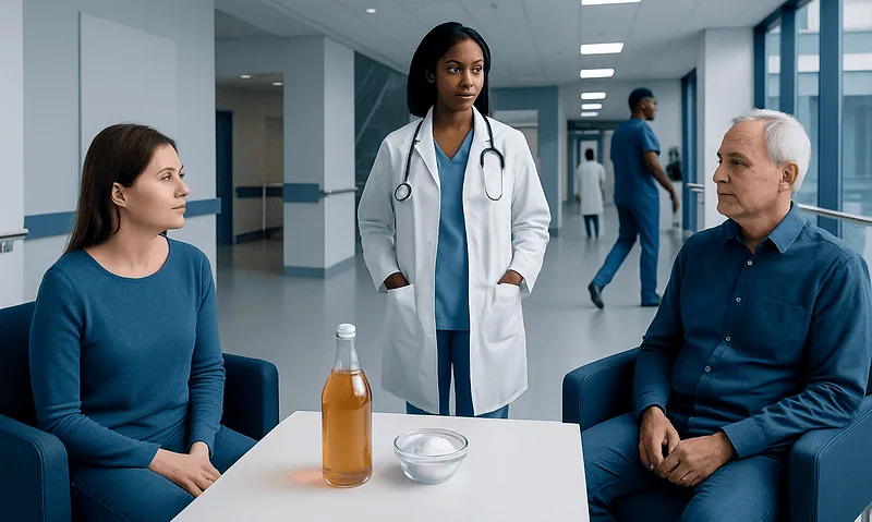 Doctor consulting with two patients in hospital corridor.