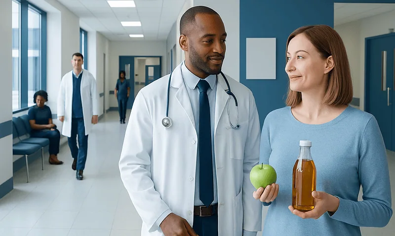 Health Library 9 Doctor talking to a patient holding an apple and a bottle of medicine in a hospital corridor.