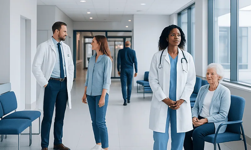Medical professionals and patient in a hospital corridor.