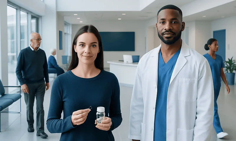 Healthcare professionals in a modern hospital lobby with patients in background.