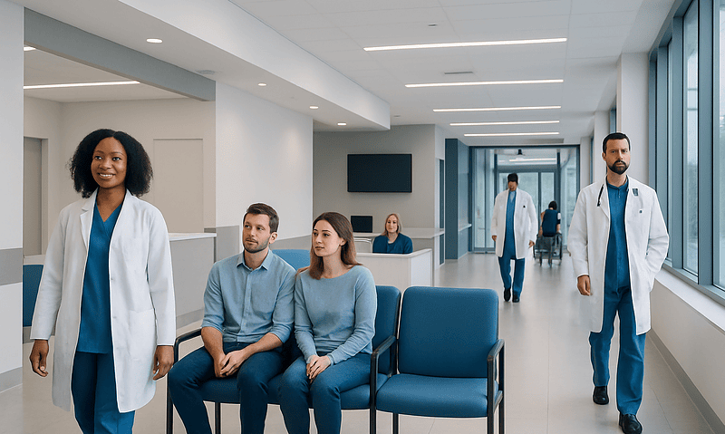 Medical professionals and patients in a modern hospital corridor.