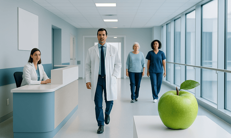 Apple Pectin: A Complete Medical Overview 15 Medical professionals and patients in a hospital corridor with a green apple on display.