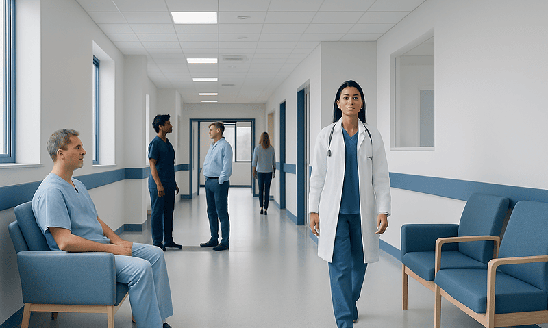 Medical staff and patients in a hospital corridor at Acibadem Hospitals Group.