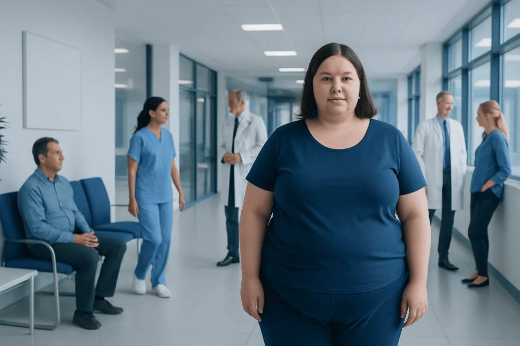 Apron Belly: An Evidence-Based Guide for Patients 1 Woman with obesity in hospital corridor with medical staff and patients.