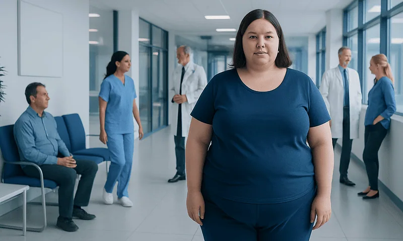 Woman with obesity in hospital corridor with medical staff and patients.