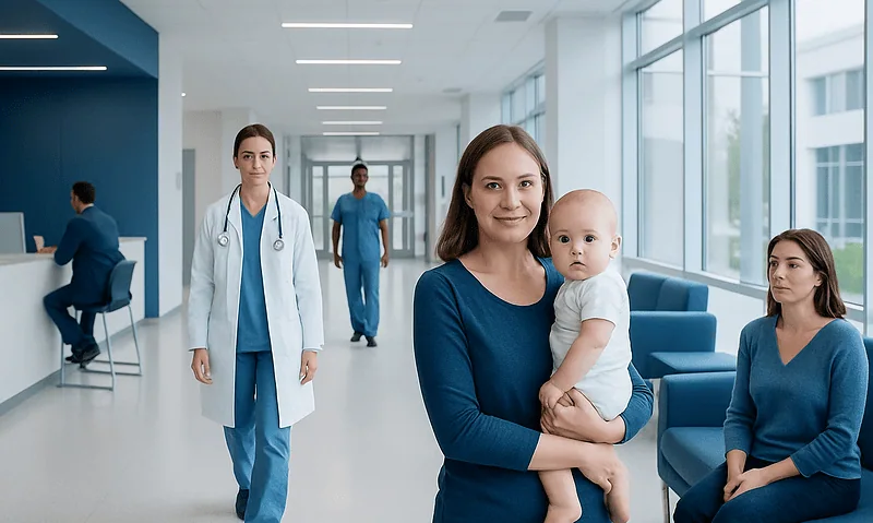 Happy mother with baby in hospital corridor at Acibadem Hospitals Group.