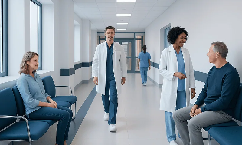 Medical professionals consulting patients in a hospital corridor.