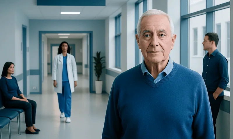 Senior man in hospital corridor with medical staff and patients.