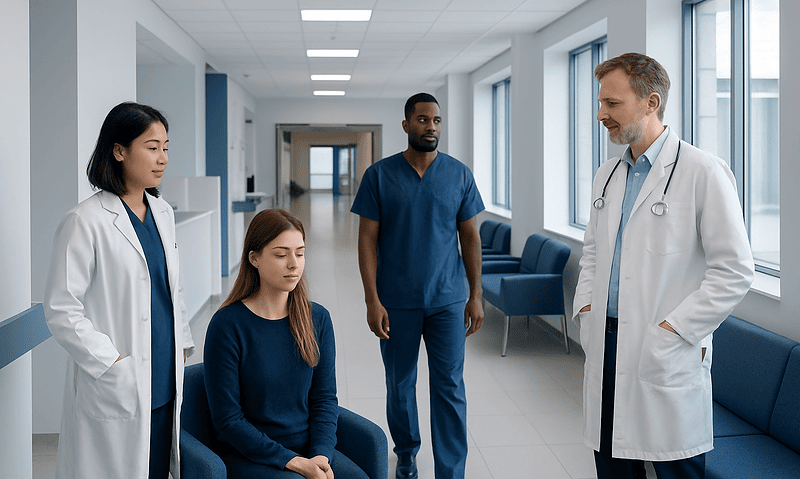 Medical team discussing patient care in hospital corridor.