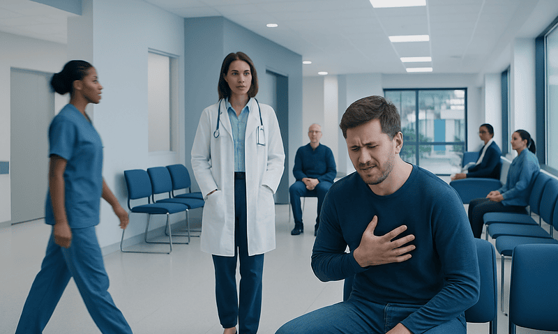 Patient experiencing chest pain in hospital waiting area with medical staff nearby.