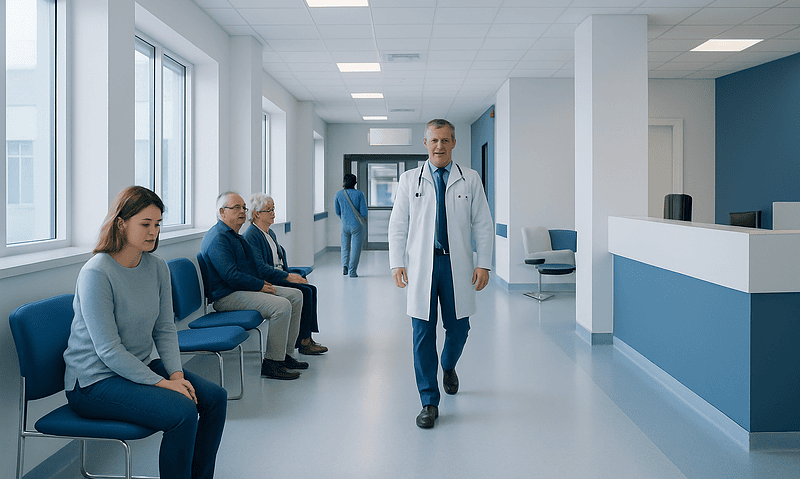 Understanding Affective Disorders: A Complete Patient Guide 7 Doctor walking in hospital corridor with patients waiting.