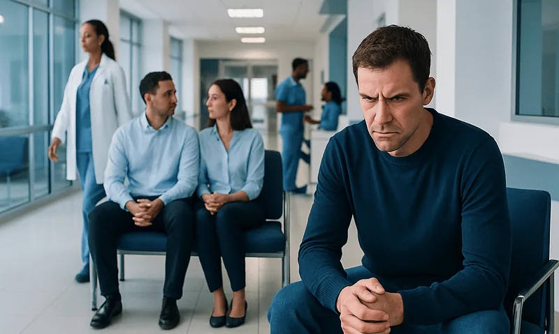 Man with anger issues sitting alone in a hospital corridor.