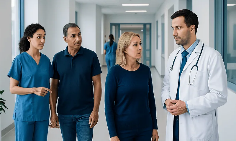 Health Library 6 Medical team discussing patient care in hospital corridor.