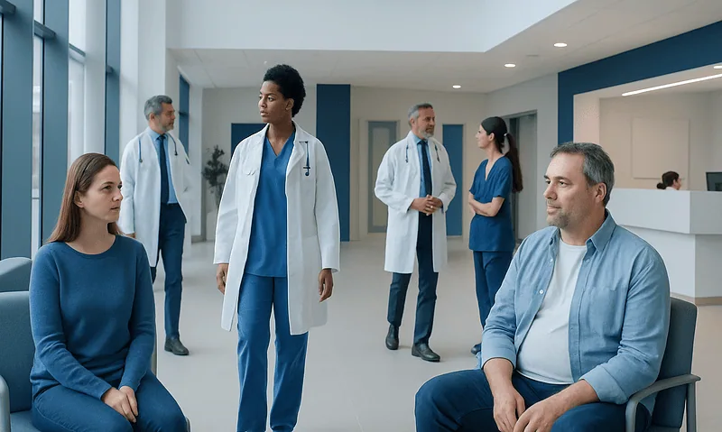 Medical professionals and patients in a modern hospital lobby.