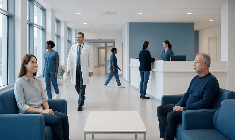 Hospital waiting area with patients and staff at Acibadem Hospitals Group.