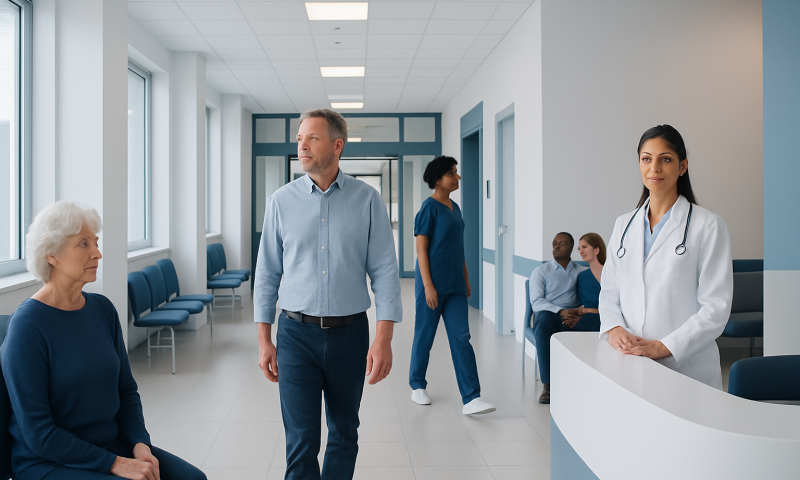 Healthcare professionals and patients in a modern hospital corridor.
