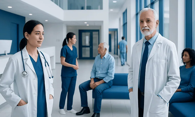 Medical team and patients in a modern hospital lobby at Acibadem Hospitals Group.