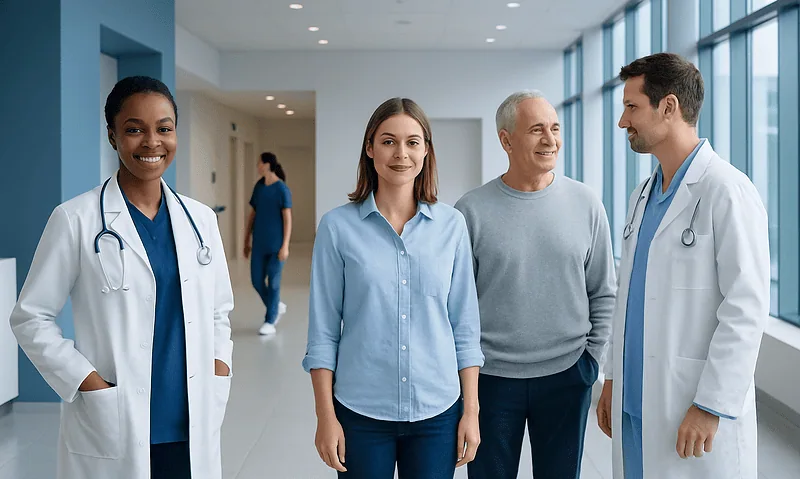 Medical team and patient in hospital corridor at Acibadem Hospitals Group.