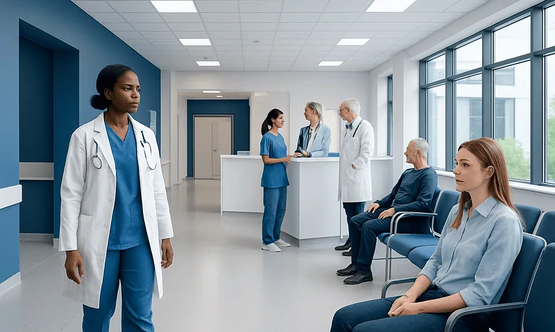 Medical staff and patients in a modern hospital waiting area.