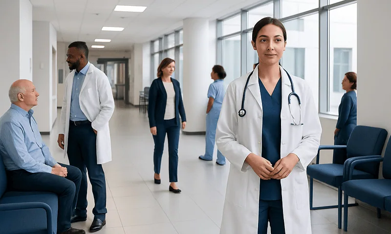Healthcare professionals and patients in a modern hospital corridor.