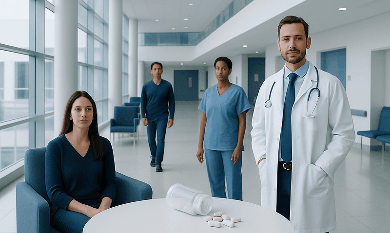 Medical team in hospital corridor with patient and doctor at Acibadem Hospitals.