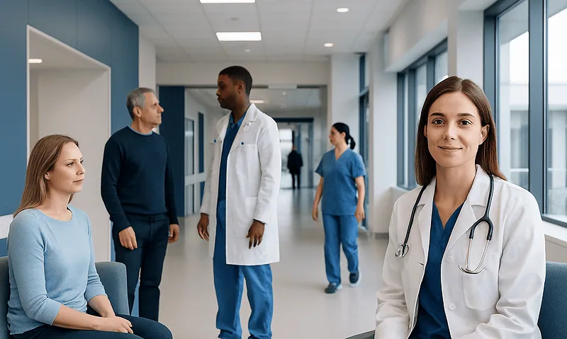 Healthcare professionals and patient in a hospital corridor at Acibadem Hospitals Group.