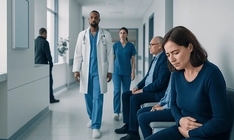 Patient experiencing abdominal discomfort in hospital corridor with medical staff nearby.