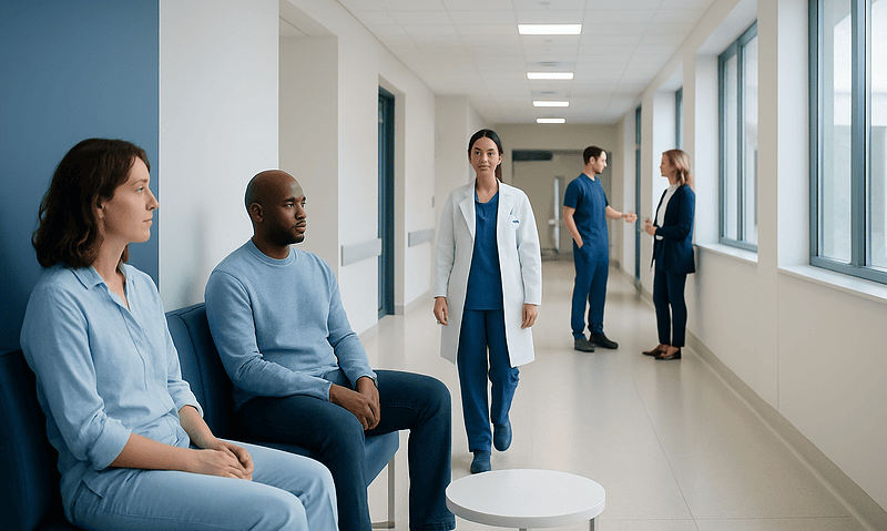 Patients waiting in a hospital corridor with medical staff nearby.