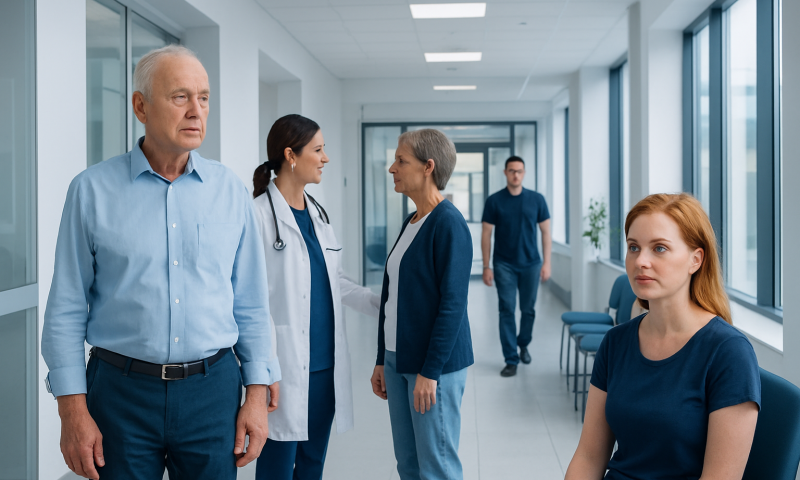 Medical professionals and patients in a hospital corridor.