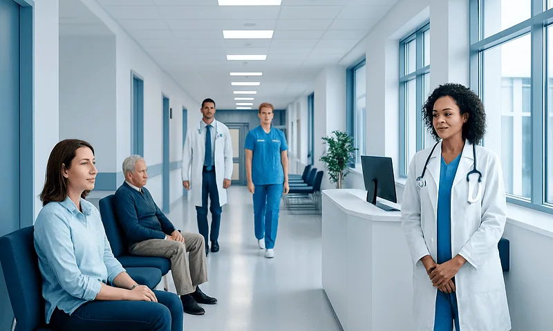 Healthcare professionals and patients in a modern hospital corridor.
