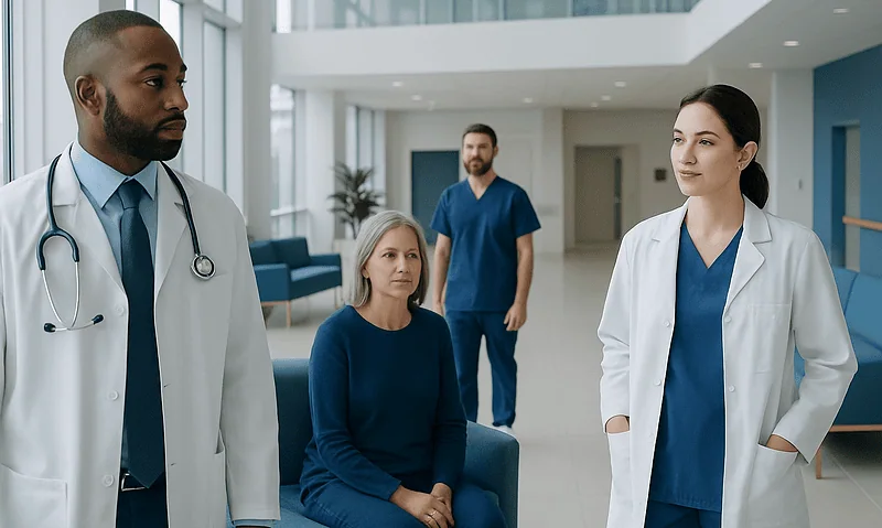 Medical team discussing patient care in a modern hospital lobby.
