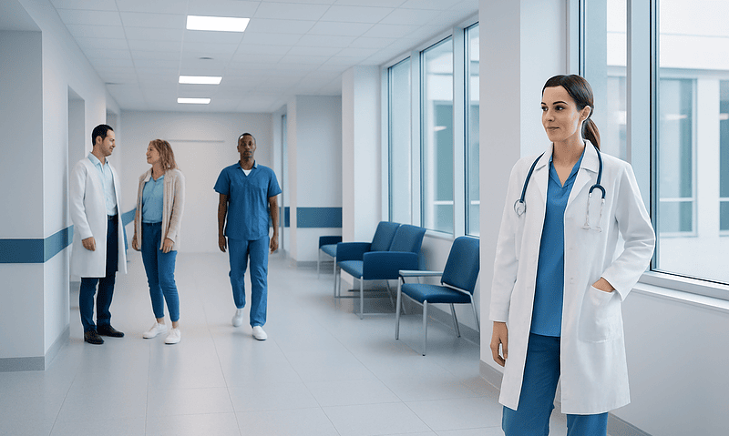 Healthcare professionals in a modern hospital corridor with large windows.