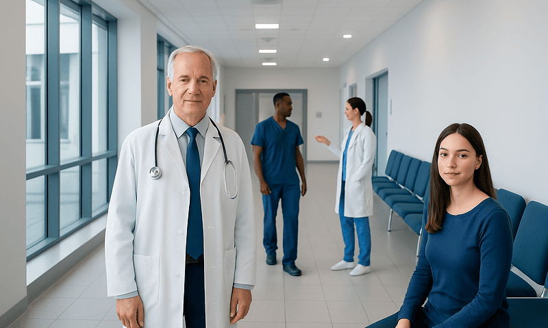 Medical team in hospital corridor with doctor and patients.