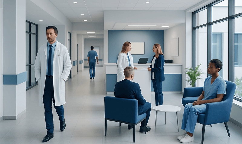 Modern hospital waiting area with doctors and patients at Acibadem Hospitals Group.