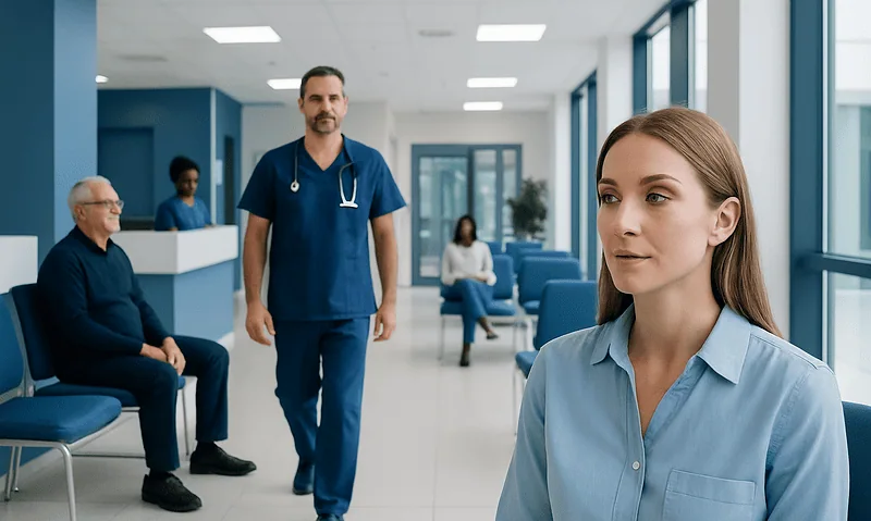 Medical professionals and patients in a modern hospital waiting area.