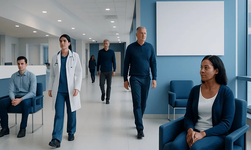 Hospital corridor with medical staff and patients in a modern healthcare facility.