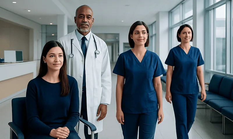 Medical team at Acibadem Hospitals Group in a modern hospital corridor.