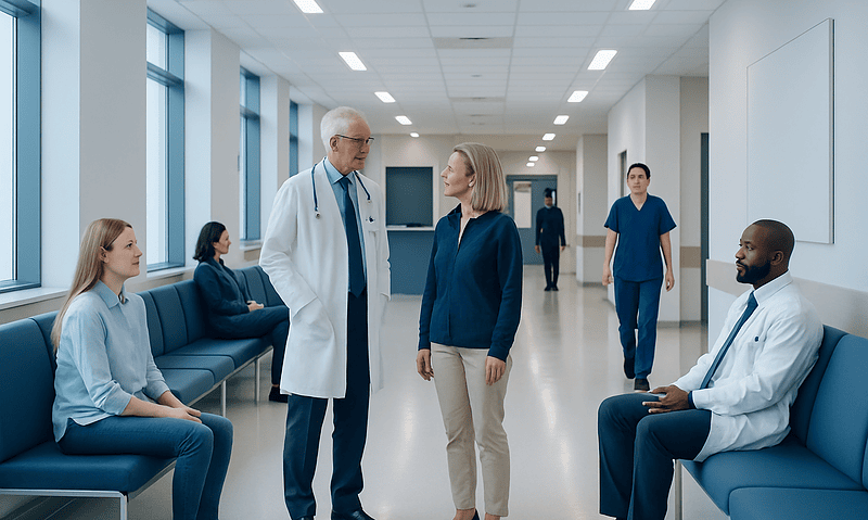 Medical professionals and patients in a hospital corridor at Acibadem Hospitals Group.