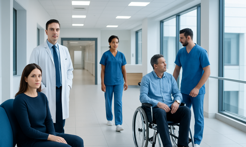 Medical team with patient in wheelchair in hospital corridor.