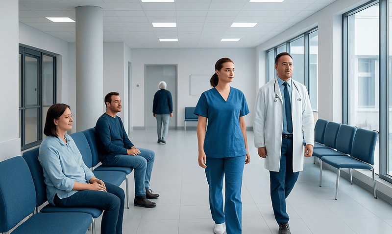 Healthcare professionals and patients in a modern hospital corridor.