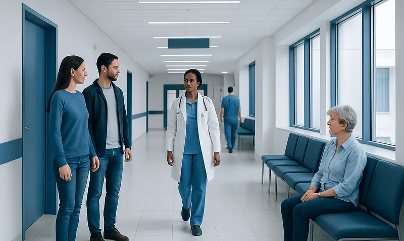 Healthcare professionals consulting with a patient in a hospital corridor.
