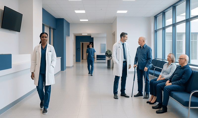Hospital corridor with doctors and patients at Acibadem Hospitals Group.