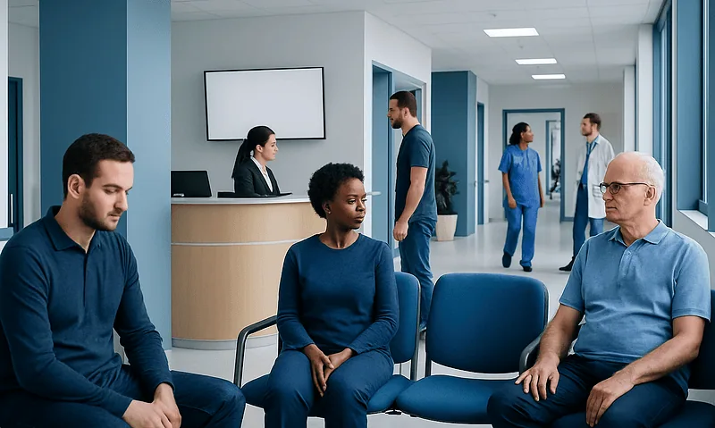 Cpap Alternatives: What Patients Need to Know 8 Patients waiting in a hospital reception area with medical staff nearby.