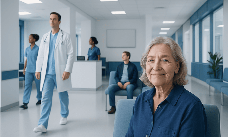 Senior woman smiling in a modern hospital waiting area with medical staff.