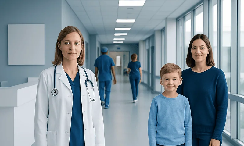 Medical professionals and a young patient in a hospital corridor.
