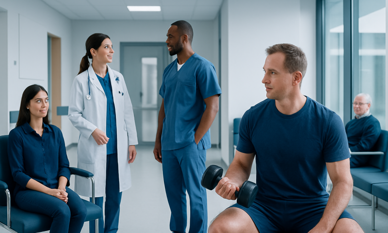 Patient doing dumbbell exercise with medical staff in hospital.