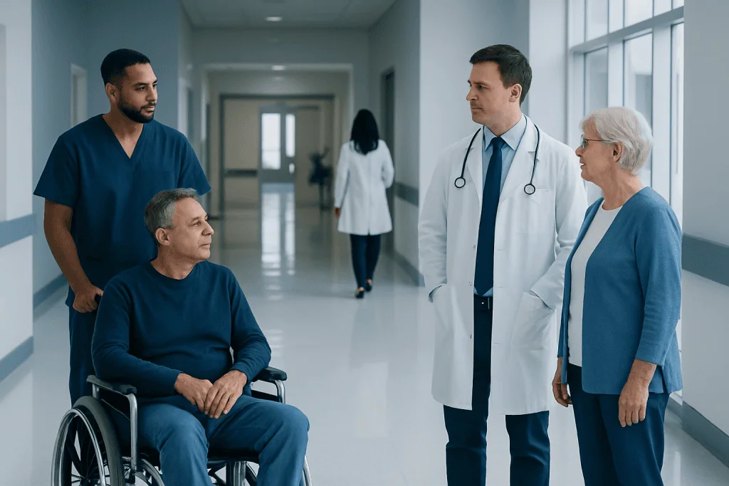 Dysrhythmia Drugs: What Patients Need to Know 1 Medical team consulting elderly patient in hospital corridor.