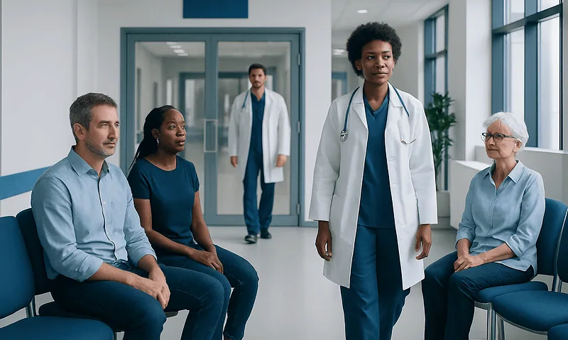 Diverse medical team consulting with patients in a hospital corridor.